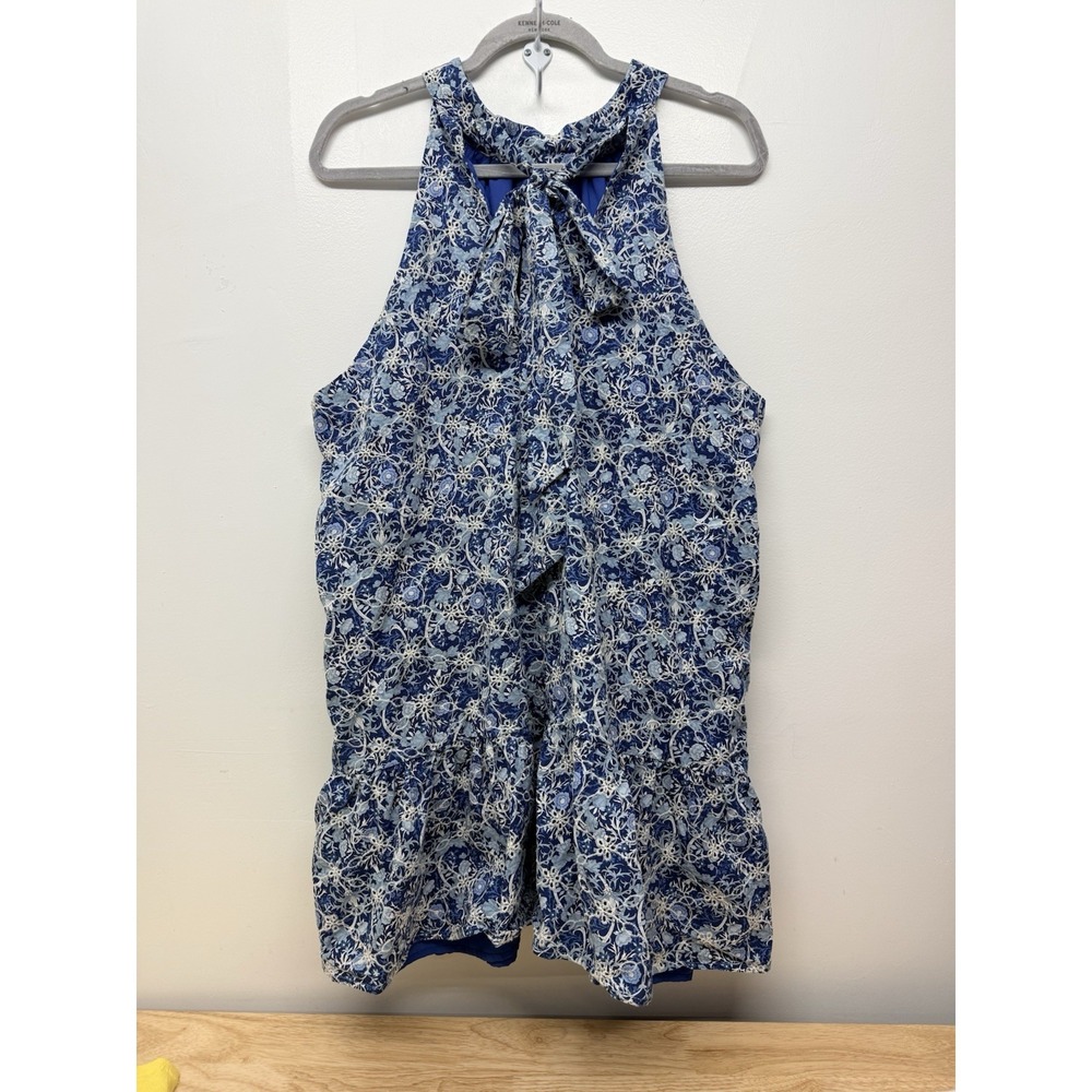 Sugarlips Blue Floral Halter Dress XL Tie Back Ruffle Hem Lined Cotton Boho #24 - Picture 2 of 6
